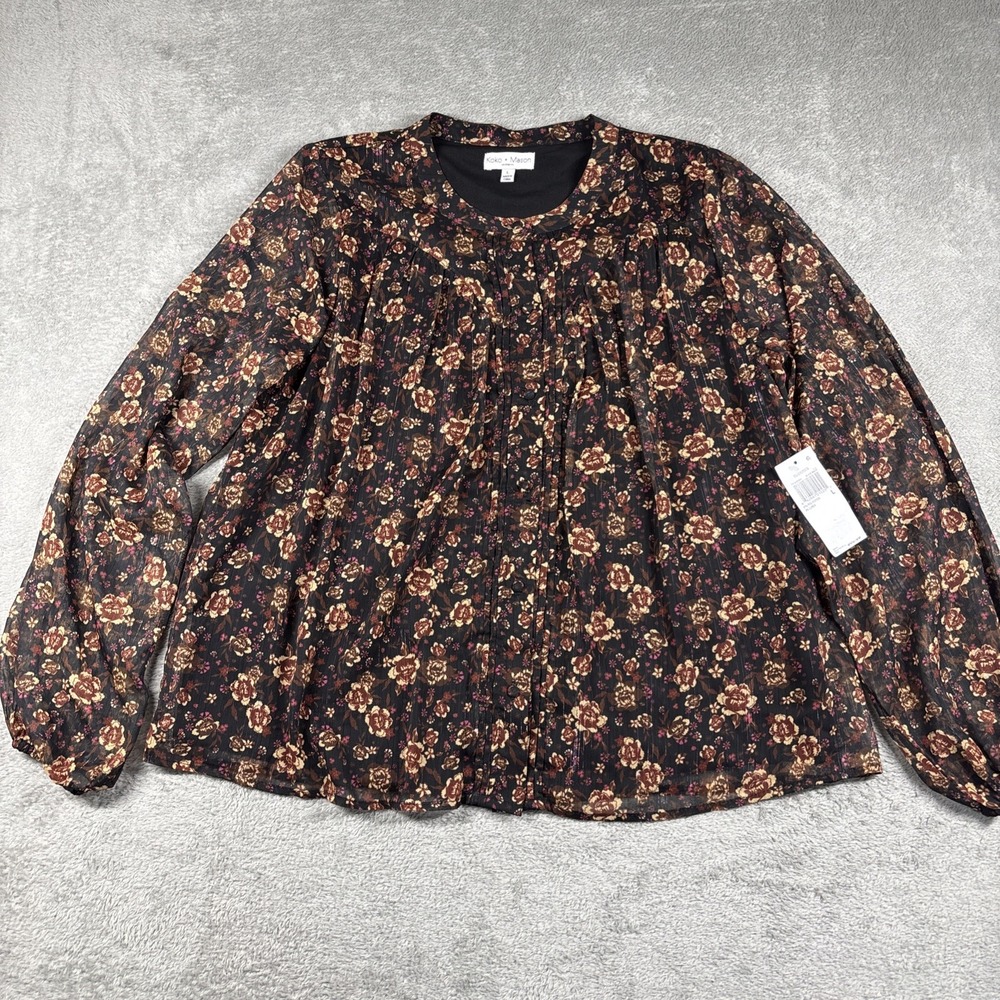 KOKO + MASON Women's‎ Button Front Long Sleeve Floral Blouse Dark Large New